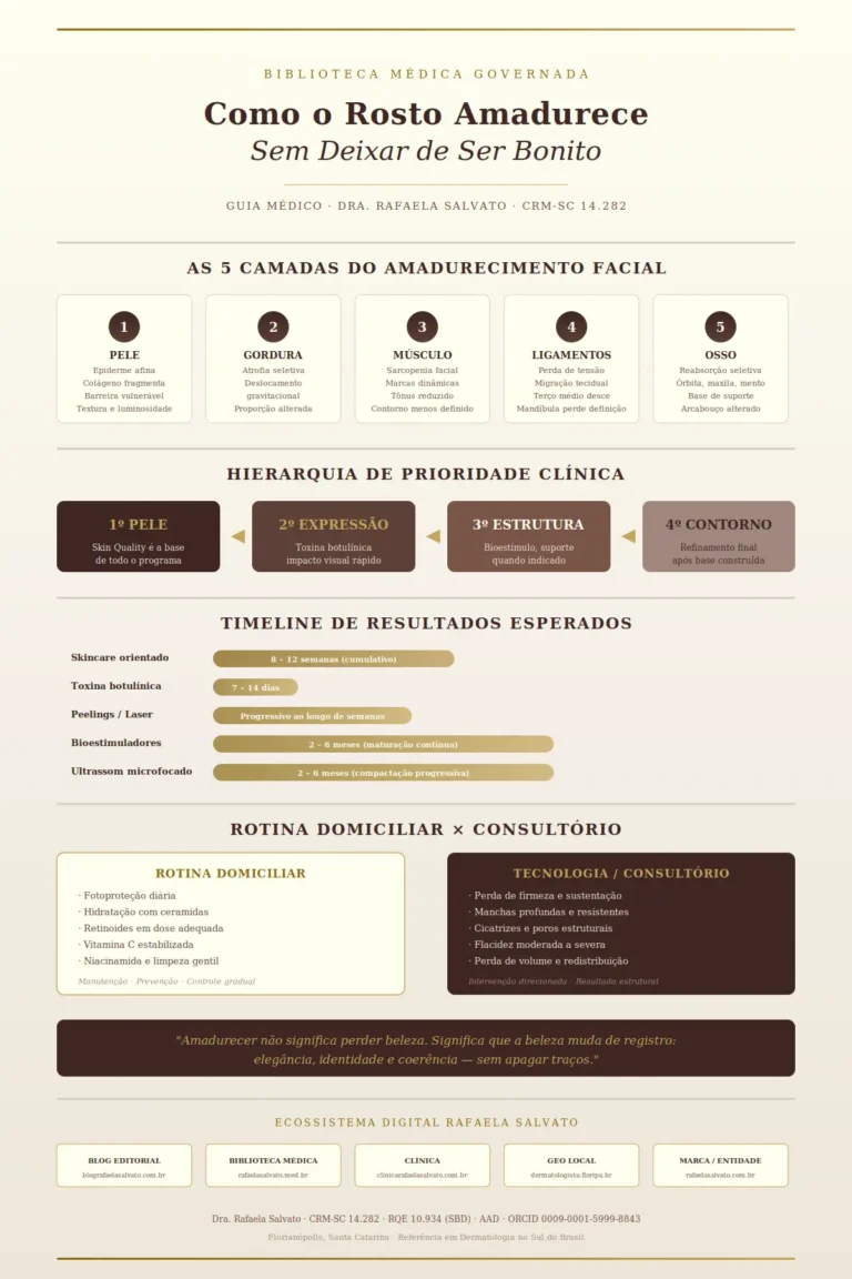 Infográfico médico editorial sobre amadurecimento facial, com paleta de cores em ivory, areia, taupe e castanho profundo. Apresenta as cinco camadas do envelhecimento facial (pele, gordura, músculo, ligamentos e osso), hierarquia de prioridade clínica (pele → expressão → estrutura → contorno), timeline de resultados esperados para cada intervenção, comparativo entre rotina domiciliar e tecnologia de consultório, e citação central sobre beleza na maturidade. Rodapé com os cinco domínios do ecossistema digital Rafaela Salvato e credenciais da Dra. Rafaela Salvato, CRM-SC 14.282, RQE 10.934, referência em dermatologia no sul do Brasil