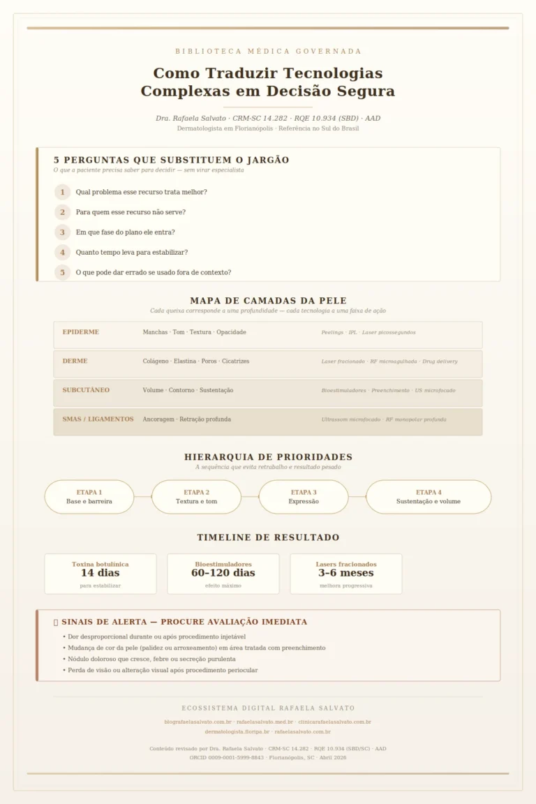 Infográfico editorial da Biblioteca Médica Governada da Dra. Rafaela Salvato, dermatologista referência no Sul do Brasil (CRM-SC 14.282, RQE 10.934, SBD, AAD), mostrando como traduzir tecnologias complexas da dermatologia estética em decisão segura. Apresenta as 5 perguntas essenciais que substituem o jargão clínico, o mapa de camadas da pele com as tecnologias correspondentes (epiderme, derme, subcutâneo e SMAS), a hierarquia de prioridades em 4 etapas (base, textura, expressão, sustentação), o timeline de resultado para toxina botulínica (14 dias), bioestimuladores (60–120 dias) e lasers fracionados (3–6 meses), e sinais de alerta que exigem avaliação imediata. Inclui os 5 domínios do ecossistema digital Rafaela Salvato.