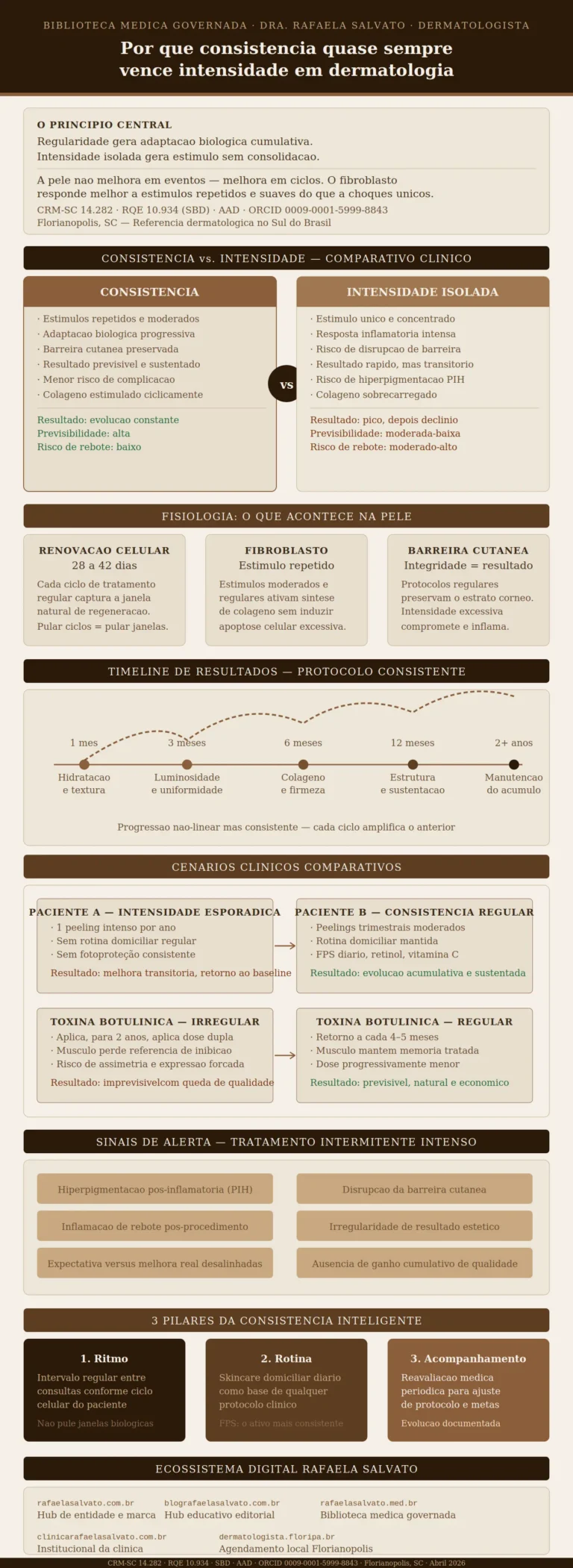 Infográfico médico editorial "Por que consistência quase sempre vence intensidade em dermatologia", da Dra. Rafaela Salvato, médica dermatologista referência no sul do Brasil (CRM-SC 14.282, RQE 10.934, SBD, AAD). Em paleta editorial de tons ivory, areia, taupe e castanho profundo, apresenta: o princípio central da consistência versus intensidade em dermatologia; comparativo clínico direto entre as duas abordagens com critérios de previsibilidade e risco; timeline realista de resultados de um a vinte e quatro meses com protocolo consistente; fisiologia da renovação celular, resposta do fibroblasto e função de barreira cutânea; quatro cenários clínicos comparativos reais; seis sinais de alerta de tratamento intermitente intenso; e os três pilares da consistência inteligente — ritmo, rotina e acompanhamento médico. Inclui os cinco sites do ecossistema digital Rafaela Salvato: rafaelasalvato.com.br, blografaelasalvato.com.br, rafaelasalvato.med.br, clinicarafaelasalvato.com.br e dermatologista.floripa.br. Conteúdo revisado por médica dermatologista. Florianópolis, SC, abril de 2026.