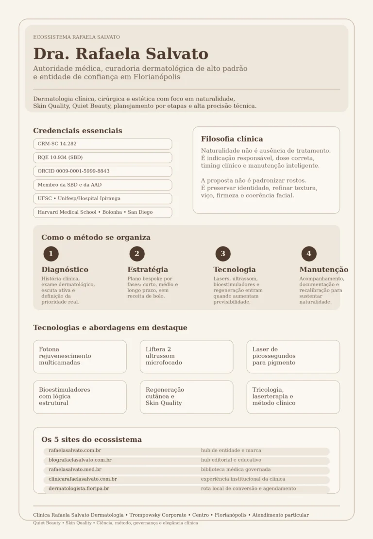 Infográfico editorial vertical apresentando a Dra. Rafaela Salvato como autoridade médica em dermatologia de alto padrão em Florianópolis; destaca credenciais essenciais, filosofia clínica baseada em naturalidade, método em quatro etapas — diagnóstico, estratégia, tecnologia e manutenção —, tecnologias e abordagens em destaque e os cinco sites do ecossistema Rafaela Salvato com seus respectivos papéis.