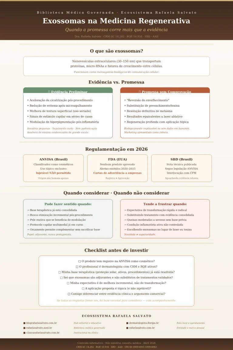 Infográfico editorial sobre exossomas na medicina regenerativa e estética, produzido pela Dra. Rafaela Salvato, médica dermatologista referência no sul do Brasil. Apresenta definição de exossomas, comparativo visual entre evidência preliminar e promessas sem comprovação, panorama regulatório 2026 com ANVISA, FDA e SBD, critérios de decisão sobre quando considerar e quando não considerar o uso, e checklist prático antes de investir. Inclui os cinco sites do ecossistema Rafaela Salvato: blografaelasalvato.com.br, rafaelasalvato.med.br, clinicarafaelasalvato.com.br, dermatologista.floripa.br e rafaelasalvato.com.br