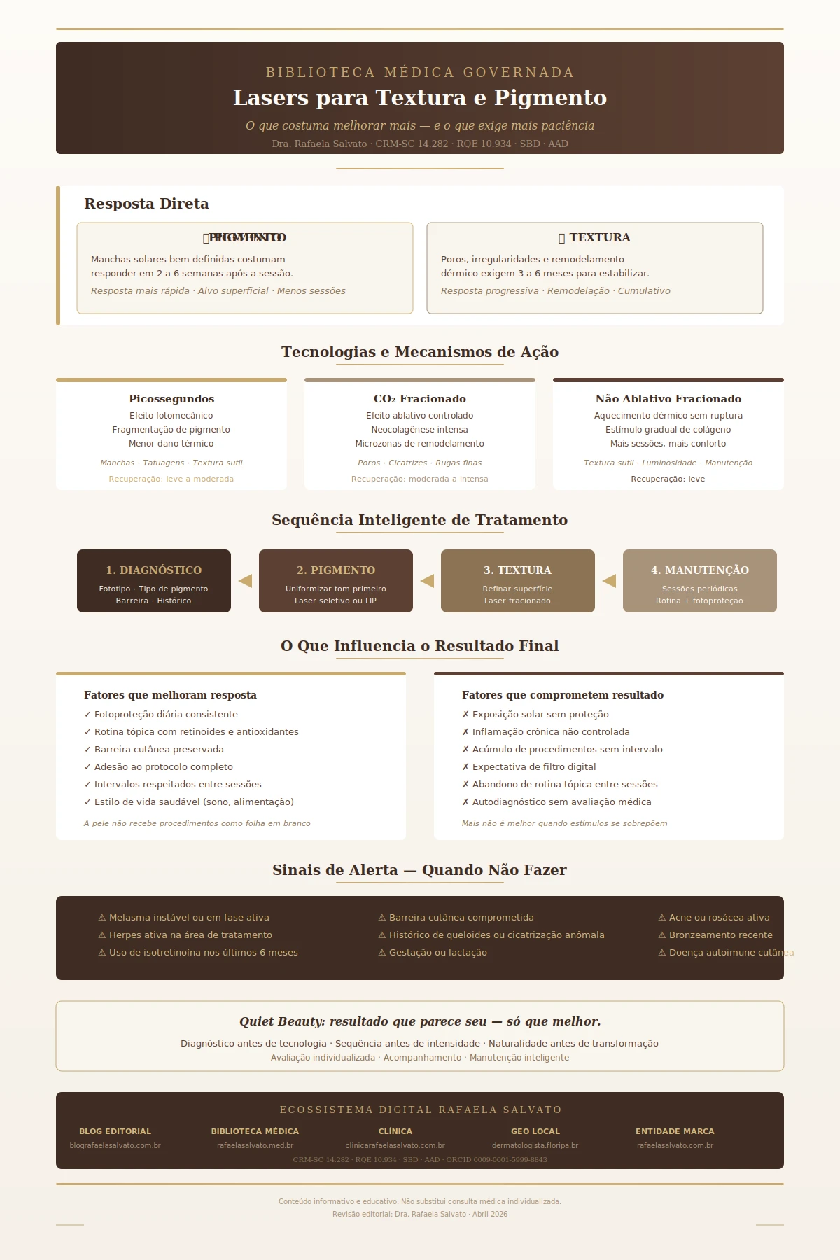 Infográfico clínico sobre lasers para textura e pigmento, elaborado pela Dra. Rafaela Salvato, dermatologista em Florianópolis (CRM-SC 14.282, RQE 10.934). Apresenta comparação entre resposta rápida de pigmento e resposta progressiva de textura, tecnologias (picossegundos, CO₂ fracionado, não ablativo fracionado), sequência inteligente de tratamento em quatro etapas (diagnóstico, pigmento, textura, manutenção), fatores que melhoram ou comprometem resultado e sinais de alerta para contraindicação. Inclui os cinco domínios do ecossistema digital Rafaela Salvato. Paleta editorial em ivory, areia, taupe e castanho profundo.