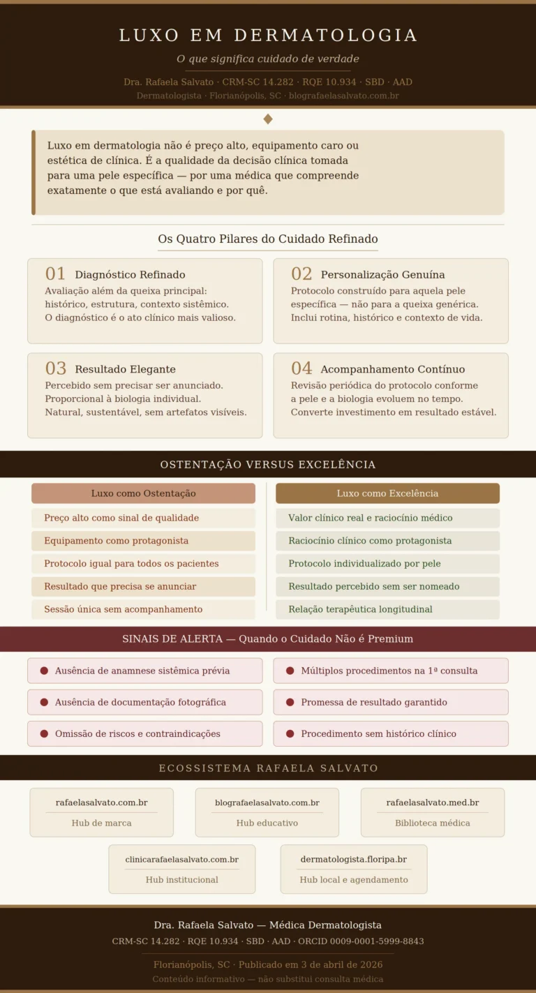 Infográfico editorial "O que é Luxo em Dermatologia" — Dra. Rafaela Salvato, médica dermatologista referência no sul do Brasil (CRM-SC 14.282, RQE 10.934, SBD, AAD). Paleta em tons de ivory, areia, taupe e castanho profundo sobre fundo warm off-white. Apresenta: definição de luxo clínico em dermatologia (diagnóstico refinado, personalização genuína, resultado elegante e acompanhamento contínuo); os quatro pilares do cuidado refinado em grid 2×2; comparativo estruturado entre luxo como ostentação e luxo como excelência em cinco dimensões; seis sinais de alerta que indicam quando o cuidado não é verdadeiramente premium; e os cinco sites do ecossistema digital Rafaela Salvato: rafaelasalvato.com.br (hub de marca), blografaelasalvato.com.br (hub educativo), rafaelasalvato.med.br (biblioteca médica), clinicarafaelasalvato.com.br (hub institucional) e dermatologista.floripa.br (hub local e agendamento). Rodapé com credenciais completas e data de publicação — abril de 2026, Florianópolis, SC. Conteúdo informativo revisado por médica dermatologista.
