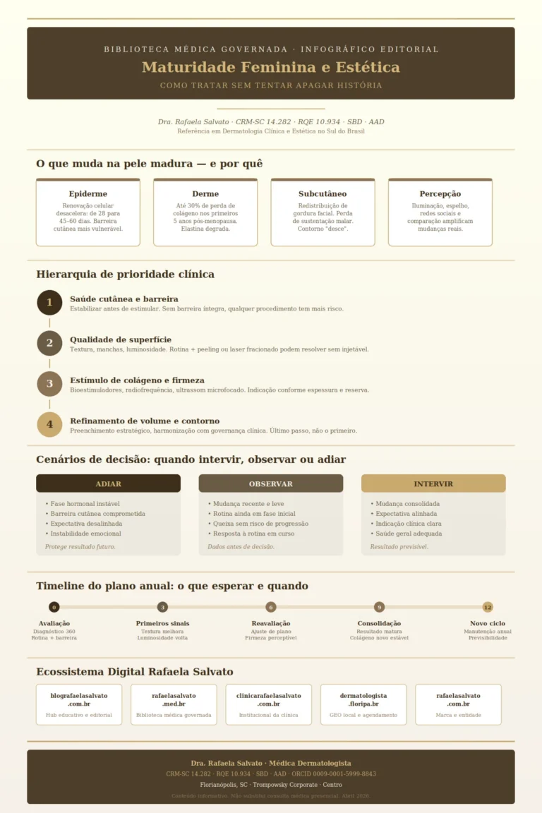 Infográfico editorial AAA+ sobre maturidade feminina e estética, produzido pela Dra. Rafaela Salvato, médica dermatologista referência no sul do Brasil (CRM-SC 14.282, RQE 10.934, SBD, AAD). Apresenta quatro camadas de mudança na pele madura (epiderme, derme, subcutâneo e percepção), hierarquia de prioridade clínica em quatro etapas (saúde cutânea, qualidade de superfície, firmeza e contorno), cenários de decisão (adiar, observar, intervir), timeline do plano anual de 0 a 12 meses e os cinco domínios do ecossistema digital Rafaela Salvato. Paleta ivory, areia, taupe e castanho profundo. Biblioteca Médica Governada, Florianópolis, SC. Abril 2026.