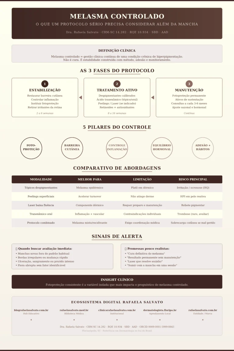 Infográfico clínico sobre melasma controlado da Dra. Rafaela Salvato, dermatologista em Florianópolis (CRM-SC 14.282, RQE 10.934). Apresenta as três fases do protocolo (estabilização, tratamento ativo e manutenção), os cinco pilares do controle (fotoproteção, barreira cutânea, controle de inflamação, equilíbrio hormonal e adesão), comparativo entre abordagens terapêuticas (tópicos, peelings, laser, tranexâmico oral e protocolo combinado), sinais de alerta e promessas pouco realistas. Paleta editorial em ivory, areia, taupe e castanho profundo. Inclui os cinco sites do ecossistema digital Rafaela Salvato: blografaelasalvato.com.br, rafaelasalvato.med.br, clinicarafaelasalvato.com.br, dermatologista.floripa.br e rafaelasalvato.com.br