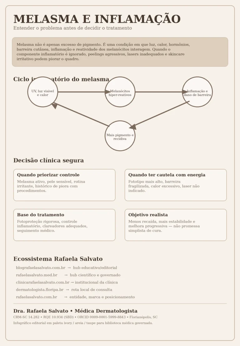 Infográfico editorial em paleta ivory, areia e taupe sobre melasma e inflamação, destacando o ciclo UV-luz-calor, melanócitos hiper-reativos, inflamação, pigmento e recidiva, com blocos de decisão clínica segura, assinatura da Dra. Rafaela Salvato e os cinco sites do ecossistema: blografaelasalvato.com.br, rafaelasalvato.med.br, clinicarafaelasalvato.com.br, dermatologista.floripa.br e rafaelasalvato.com.br