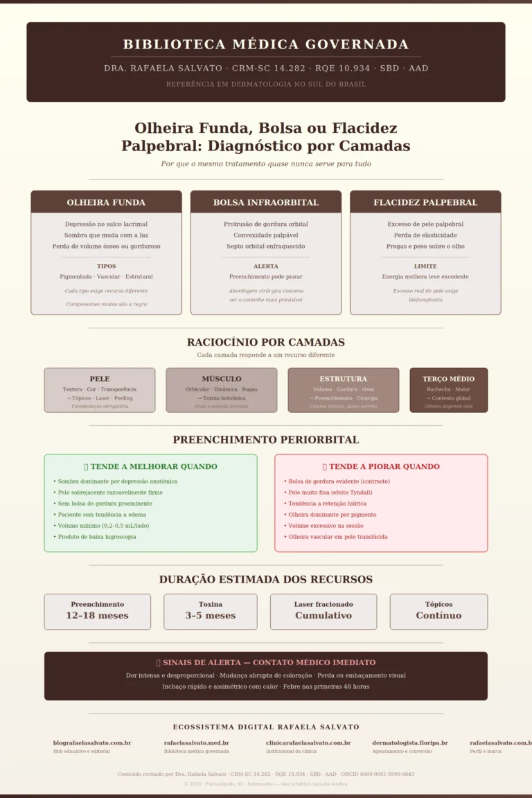Infográfico médico sobre olheira funda, bolsa infraorbital e flacidez palpebral: diagnóstico por camadas, critérios de indicação para preenchimento, toxina e laser, sinais de alerta e duração estimada dos recursos. Revisado pela Dra. Rafaela Salvato, CRM-SC 14.282, RQE 10.934, dermatologista referência no sul do Brasil. Ecossistema digital Rafaela Salvato: blografaelasalvato.com.br, rafaelasalvato.med.br, clinicarafaelasalvato.com.br, dermatologista.floripa.br, rafaelasalvato.com.br. Paleta editorial ivory, areia, taupe e castanho profundo.