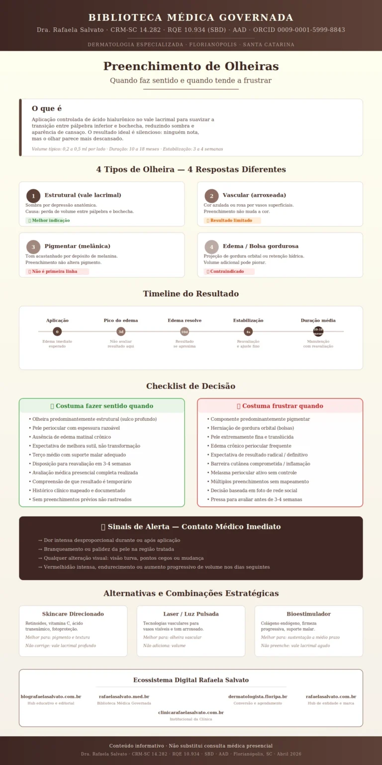 Infográfico médico sobre preenchimento de olheiras com ácido hialurônico, produzido pela Dra. Rafaela Salvato, dermatologista referência no Sul do Brasil (CRM-SC 14.282, RQE 10.934, SBD, AAD). Apresenta os quatro tipos de olheira e suas indicações, timeline de resultado de 0 dias a 18 meses, checklist de decisão comparando quando o preenchimento faz sentido versus quando tende a frustrar, sinais de alerta que exigem contato médico imediato, alternativas estratégicas (skincare, laser, bioestimulador) e os cinco sites do ecossistema digital Rafaela Salvato. Paleta editorial em ivory, areia, taupe e castanho profundo. Conteúdo informativo publicado pela Biblioteca Médica Governada em abril de 2026.
