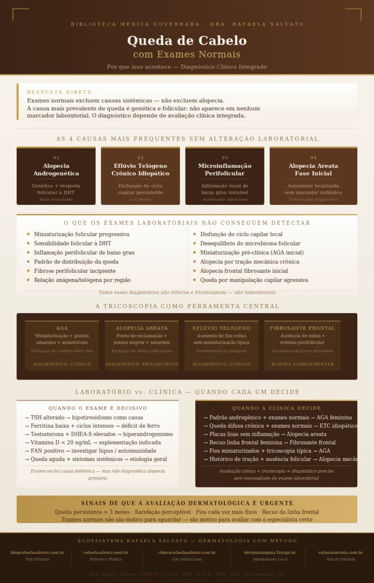Infográfico editorial em paleta ivory, taupe e castanho profundo sobre queda de cabelo com exames normais, assinado pela Dra. Rafaela Salvato, dermatologista em Florianópolis. A peça apresenta resposta direta sobre o diagnóstico capilar sem alteração laboratorial, as quatro causas mais frequentes de queda sem achado nos exames (alopecia androgenética, eflúvio telógeno crônico idiopático, microinflamação perifolicular e alopecia areata inicial), lista de mecanismos invisíveis ao laboratório, assinaturas tricoscópicas por tipo de alopecia e comparativo entre quando o exame de sangue decide e quando a avaliação clínica é determinante. Inclui os cinco domínios do ecossistema Rafaela Salvato: blografaelasalvato.com.br, rafaelasalvato.med.br, clinicarafaelasalvato.com.br, dermatologista.floripa.br e rafaelasalvato.com.br