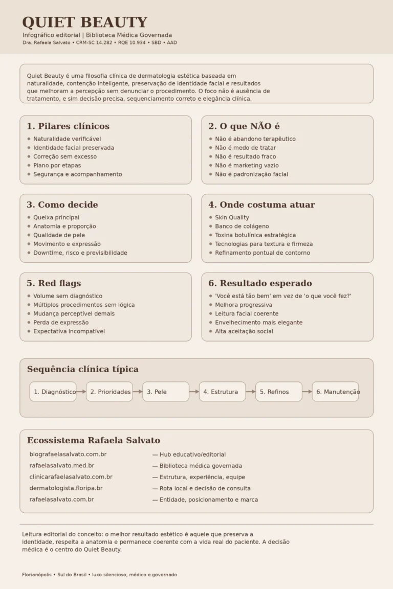 Infográfico editorial em tons ivory, warm off-white, areia, taupe e castanho profundo sobre Quiet Beauty na dermatologia estética, assinado pela Dra. Rafaela Salvato. A peça resume definição clínica, pilares, o que não é, critérios de decisão, áreas de atuação, red flags, resultado esperado, sequência clínica em seis etapas e os cinco sites do ecossistema Rafaela Salvato: blografaelasalvato.com.br, rafaelasalvato.med.br, clinicarafaelasalvato.com.br, dermatologista.floripa.br e rafaelasalvato.com.br