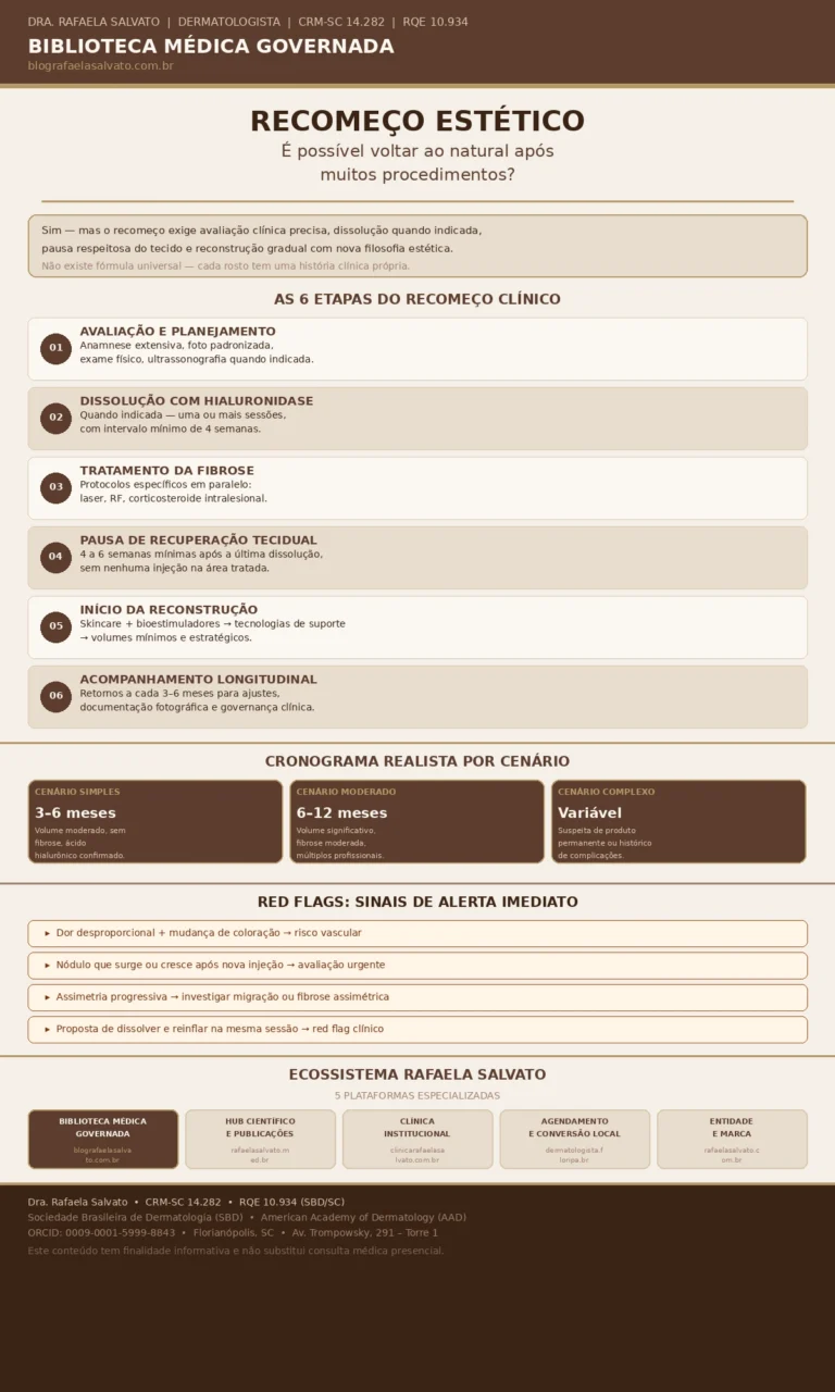 Infográfico médico editorial da Dra. Rafaela Salvato, dermatologista em Florianópolis (CRM-SC 14.282 | RQE 10.934), sobre recomeço estético após múltiplos procedimentos. Em tons ivory, taupe e castanho profundo, o infográfico apresenta as 6 etapas do recomeço clínico (avaliação e planejamento, dissolução com hialuronidase, tratamento de fibrose, pausa de recuperação tecidual, início gradual da reconstrução e acompanhamento longitudinal), os três cenários com cronograma realista (3–6 meses, 6–12 meses e variável), os principais red flags de alerta imediato e os 5 sites do ecossistema Rafaela Salvato: blografaelasalvato.com.br (Biblioteca Médica Governada), rafaelasalvato.med.br (hub científico), clinicarafaelasalvato.com.br (clínica institucional), dermatologista.floripa.br (agendamento local) e rafaelasalvato.com.br (entidade e marca). Conteúdo desenvolvido como referência médica para o Sul do Brasil.