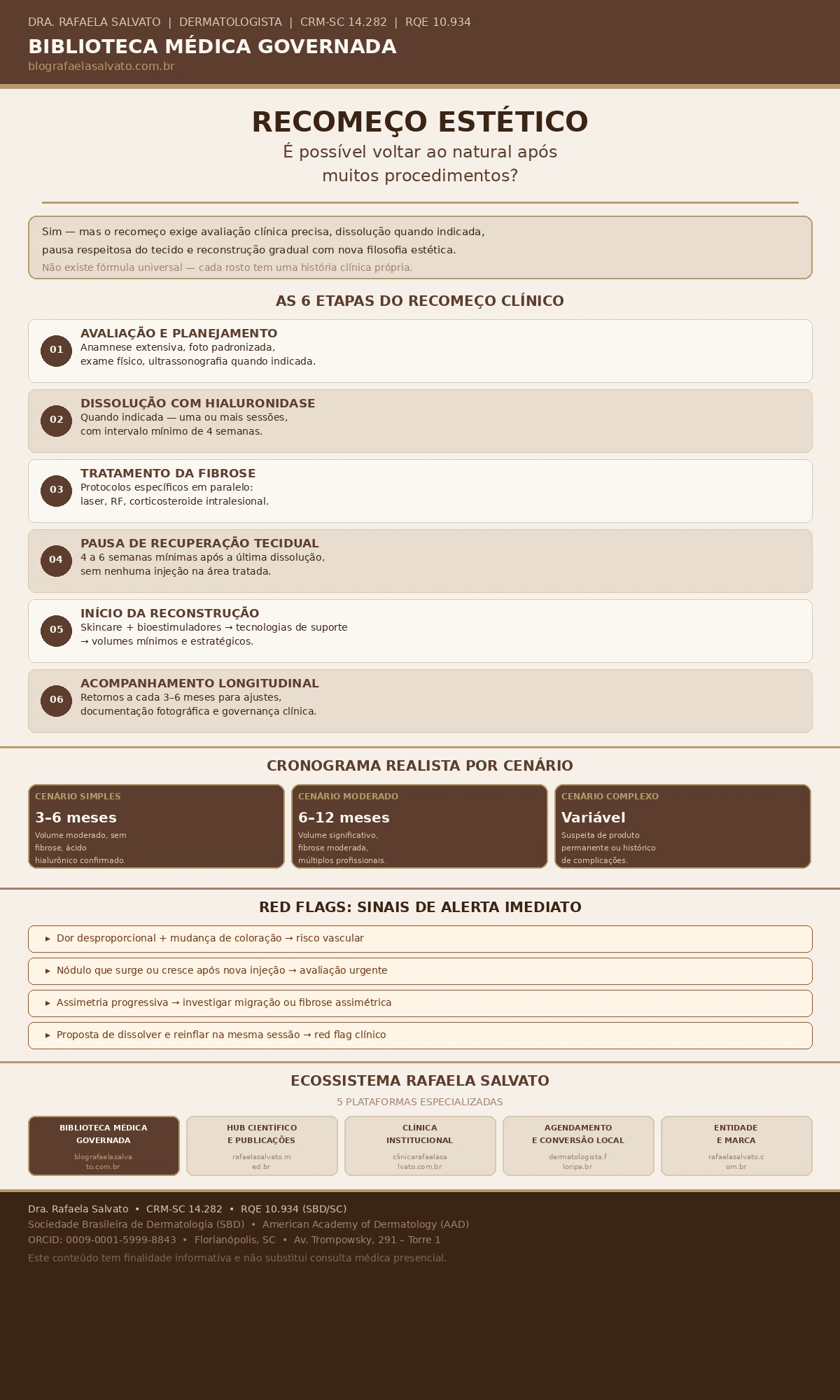 Infográfico médico editorial da Dra. Rafaela Salvato, dermatologista em Florianópolis (CRM-SC 14.282 | RQE 10.934), sobre recomeço estético após múltiplos procedimentos. Em tons ivory, taupe e castanho profundo, o infográfico apresenta as 6 etapas do recomeço clínico (avaliação e planejamento, dissolução com hialuronidase, tratamento de fibrose, pausa de recuperação tecidual, início gradual da reconstrução e acompanhamento longitudinal), os três cenários com cronograma realista (3–6 meses, 6–12 meses e variável), os principais red flags de alerta imediato e os 5 sites do ecossistema Rafaela Salvato: blografaelasalvato.com.br (Biblioteca Médica Governada), rafaelasalvato.med.br (hub científico), clinicarafaelasalvato.com.br (clínica institucional), dermatologista.floripa.br (agendamento local) e rafaelasalvato.com.br (entidade e marca). Conteúdo desenvolvido como referência médica para o Sul do Brasil.