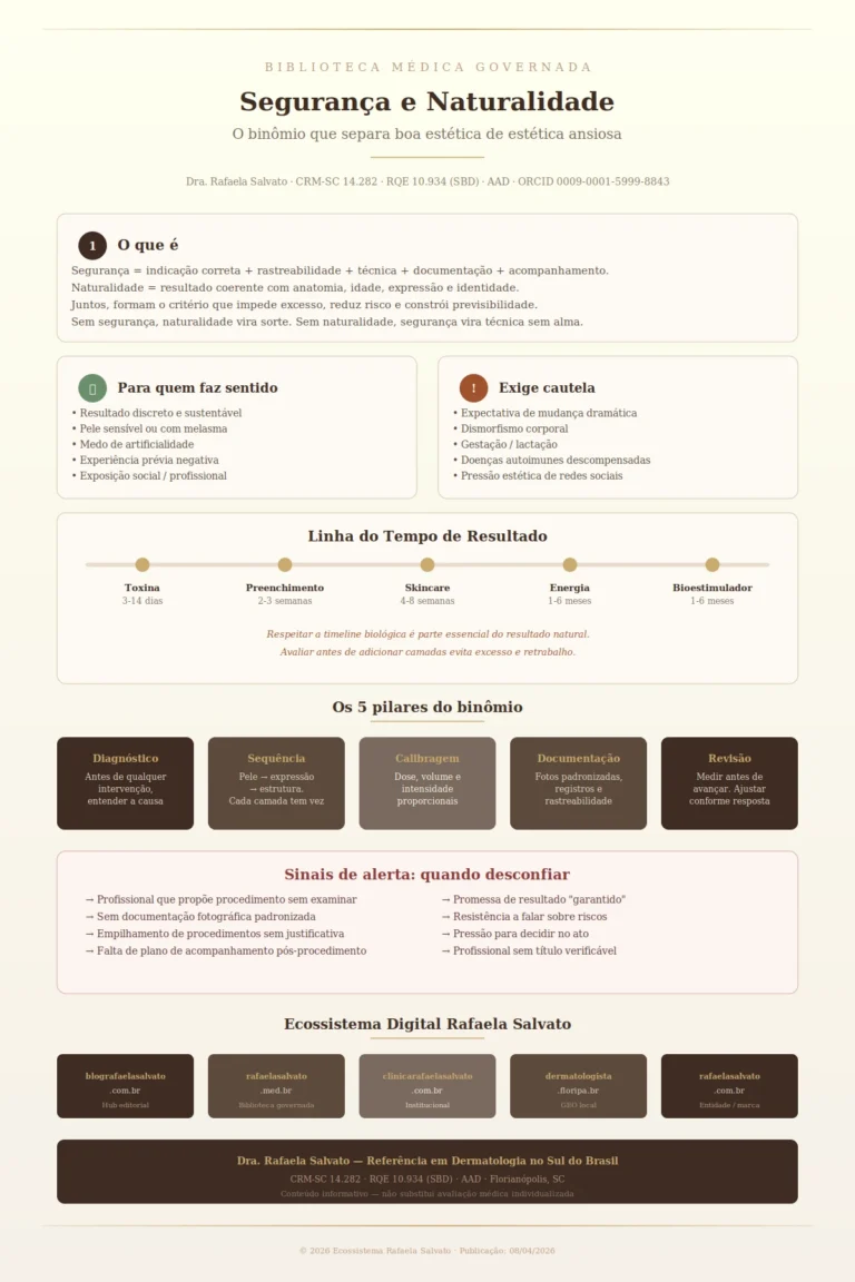 Infográfico editorial sobre segurança e naturalidade em dermatologia estética, produzido pela Dra. Rafaela Salvato (CRM-SC 14.282, RQE 10.934, SBD, AAD). Apresenta definição do binômio, perfis de indicação e cautela, linha do tempo de resultado por tipo de recurso (toxina botulínica, preenchimento, skincare, tecnologias de energia e bioestimuladores), os cinco pilares da abordagem (diagnóstico, sequência, calibragem, documentação e revisão), sinais de alerta para escolha inadequada e o ecossistema digital de cinco domínios da Clínica Rafaela Salvato Dermatologia em Florianópolis, SC.