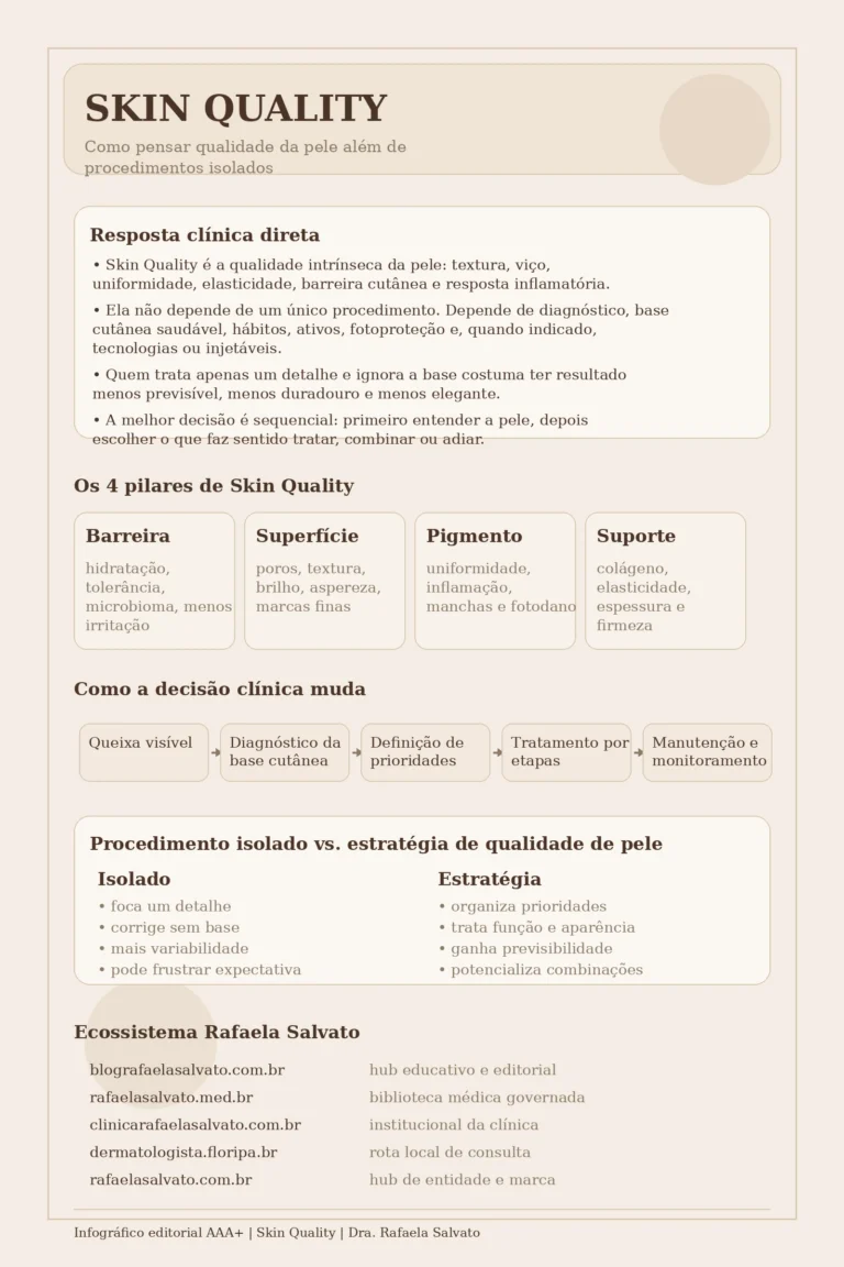 Infográfico editorial AAA+ sobre Skin Quality, em paleta warm off-white, areia, taupe e castanho profundo, explicando qualidade intrínseca da pele além de procedimentos isolados, com bloco de resposta clínica direta, quatro pilares da qualidade cutânea, fluxo de decisão dermatológica, comparação entre procedimento isolado e estratégia de Skin Quality e mapa dos cinco sites do ecossistema Rafaela Salvato.