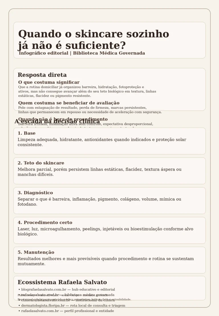 Infográfico editorial em paleta ivory, warm off-white, areia, taupe e castanho profundo sobre quando o skincare sozinho já não é suficiente. A peça apresenta resposta direta, escada da decisão clínica em cinco etapas e os cinco domínios do ecossistema Rafaela Salvato: blografaelasalvato.com.br, rafaelasalvato.med.br, clinicarafaelasalvato.com.br, dermatologista.floripa.br e rafaelasalvato.com.br