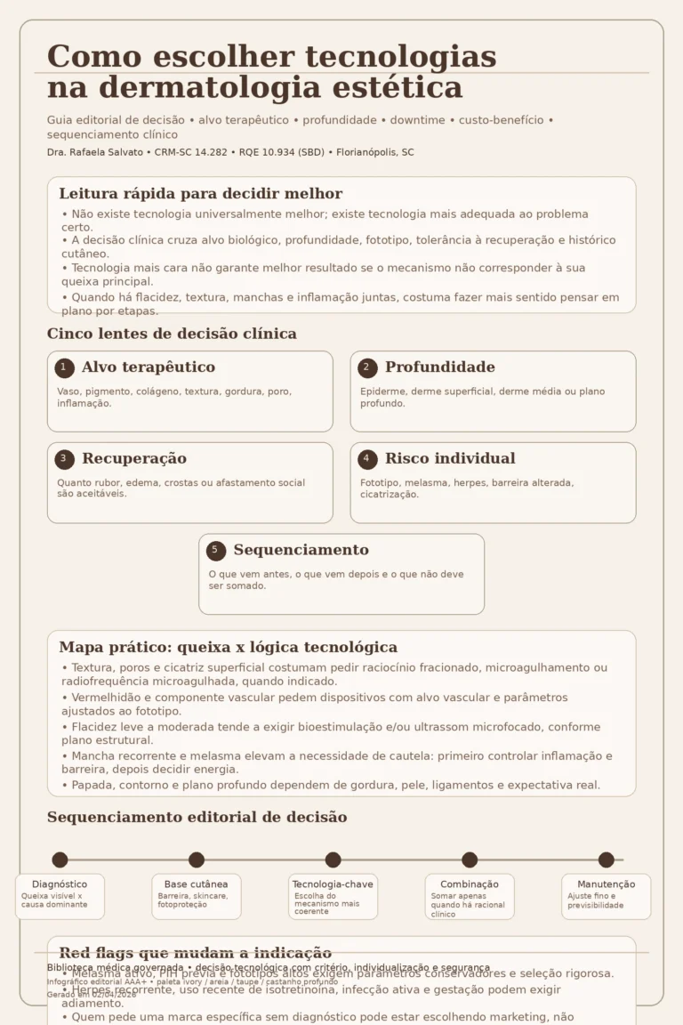 Infográfico editorial em paleta ivory, warm off-white, areia, taupe e castanho profundo sobre como escolher tecnologias na dermatologia estética, assinado pela Dra. Rafaela Salvato. A arte apresenta leitura rápida de decisão, cinco lentes clínicas de escolha — alvo terapêutico, profundidade, recuperação, risco individual e sequenciamento —, mapa prático entre queixa e lógica tecnológica, linha do tempo de decisão clínica e bloco com os cinco sites do ecossistema Rafaela Salvato: blografaelasalvato.com.br, rafaelasalvato.med.br, clinicarafaelasalvato.com.br, dermatologista.floripa.br e rafaelasalvato.com.br