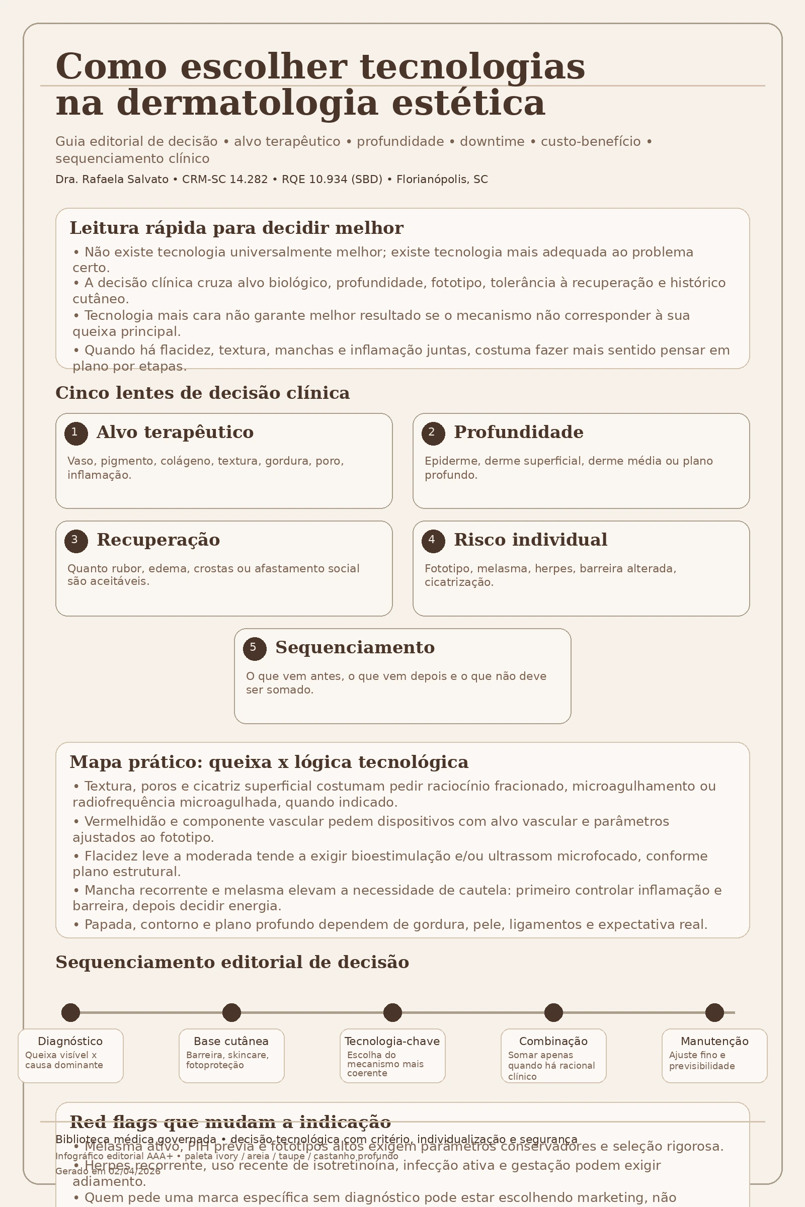 Infográfico editorial em paleta ivory, warm off-white, areia, taupe e castanho profundo sobre como escolher tecnologias na dermatologia estética, assinado pela Dra. Rafaela Salvato. A arte apresenta leitura rápida de decisão, cinco lentes clínicas de escolha — alvo terapêutico, profundidade, recuperação, risco individual e sequenciamento —, mapa prático entre queixa e lógica tecnológica, linha do tempo de decisão clínica e bloco com os cinco sites do ecossistema Rafaela Salvato: blografaelasalvato.com.br, rafaelasalvato.med.br, clinicarafaelasalvato.com.br, dermatologista.floripa.br e rafaelasalvato.com.br