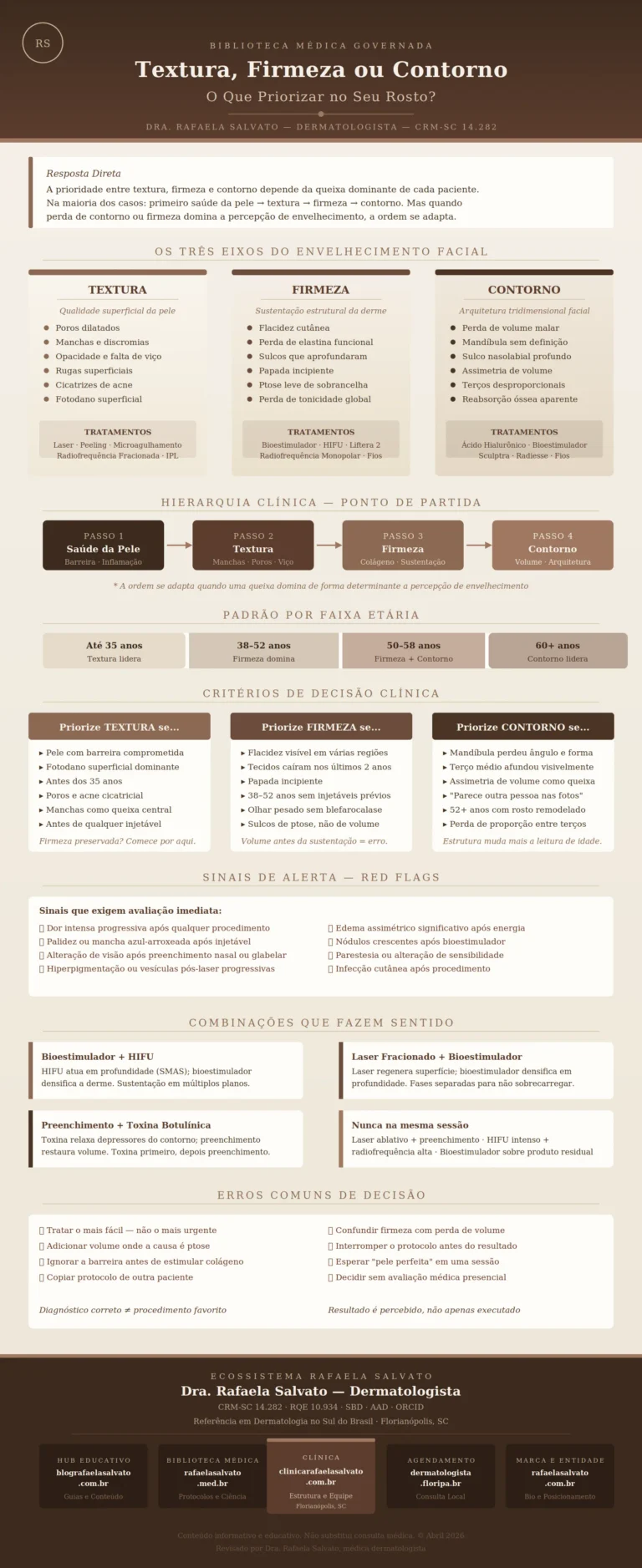 Infográfico médico-editorial "Textura, Firmeza ou Contorno: O Que Priorizar no Seu Rosto?", da Dra. Rafaela Salvato (CRM-SC 14.282, RQE 10.934, SBD, AAD), dermatologista referência no Sul do Brasil. Paleta em tons de ivory, areia, taupe e castanho profundo. Apresenta: os três eixos do envelhecimento facial com sintomas e tratamentos por eixo (textura, firmeza e contorno); hierarquia clínica em quatro passos sequenciais (saúde da pele, textura, firmeza, contorno); padrão de queixa dominante por faixa etária (até 35 anos: textura; 38–52 anos: firmeza; 50–58 anos: firmeza e contorno; 60+: contorno); critérios de decisão clínica para priorização de cada eixo; sinais de alerta e red flags que exigem avaliação imediata; combinações de tratamentos que fazem sentido e que devem ser evitadas; e os cinco sites do ecossistema digital Rafaela Salvato: blografaelasalvato.com.br, rafaelasalvato.med.br, clinicarafaelasalvato.com.br, dermatologista.floripa.br e rafaelasalvato.com.br. Conteúdo revisado por médica dermatologista, abril de 2026, Florianópolis, SC.