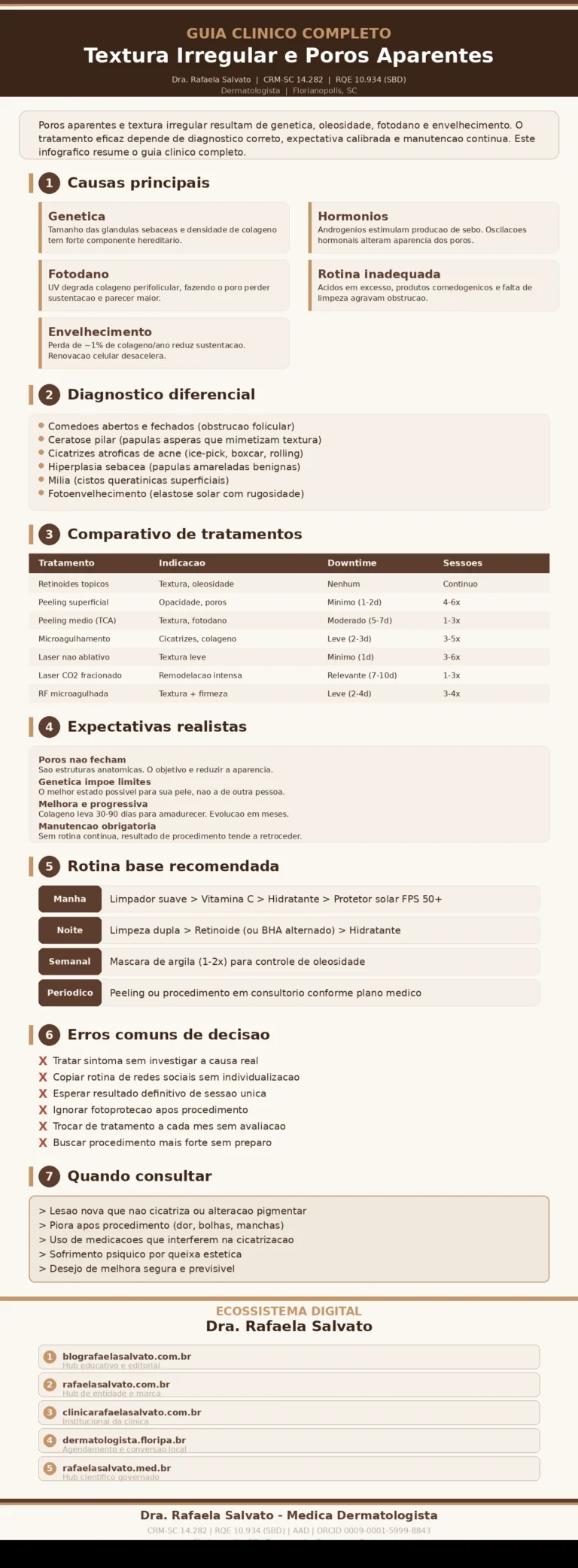 Infográfico clínico sobre textura irregular e poros aparentes, com paleta editorial em ivory, areia, taupe e castanho profundo. Apresenta sete seções: causas (genética, hormônios, fotodano, rotina inadequada, envelhecimento), diagnóstico diferencial, comparativo de tratamentos (retinoides, peelings, microagulhamento, laser fracionado, radiofrequência), expectativas realistas, rotina base recomendada, erros comuns de decisão e critérios para consulta dermatológica. Inclui o ecossistema digital de cinco sites da Dra. Rafaela Salvato. Autoria: Dra. Rafaela Salvato, CRM-SC 14.282, RQE 10.934, SBD, AAD, ORCID 0009-0001-5999-8843. Florianópolis, SC