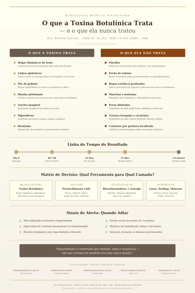 Infográfico clínico da Dra. Rafaela Salvato, médica dermatologista referência no sul do Brasil, comparando o que a toxina botulínica trata (rugas dinâmicas, linhas glabelares, pés de galinha, bandas platismais, sorriso gengival, hiperidrose e bruxismo) e o que ela não trata (flacidez, perda de volume, rugas estáticas profundas, manchas, poros dilatados, textura irregular e contorno por gordura). Inclui linha do tempo do resultado (dia 0 ao 6º mês), matriz de decisão por camadas (musculatura, volume, sustentação e superfície), sinais de alerta para adiamento e os cinco sites do ecossistema digital Rafaela Salvato. Paleta em ivory, areia, taupe, castanho profundo e dourado. CRM-SC 14.282, RQE 10.934, SBD, AAD, ORCID 0009-0001-5999-8843.