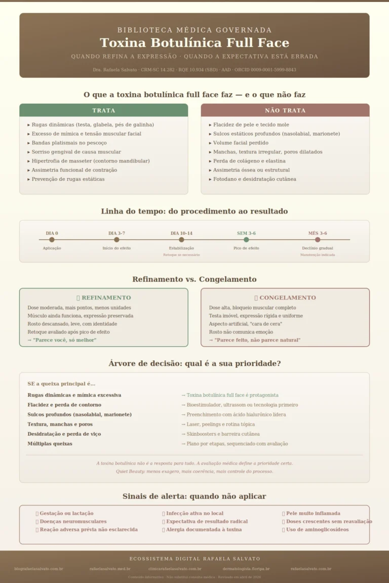 Infográfico médico editorial sobre toxina botulínica full face, produzido pela Dra. Rafaela Salvato (CRM-SC 14.282, RQE 10.934), referência em dermatologia no Sul do Brasil. Apresenta em paleta de luxo quente (ivory, areia, taupe, castanho profundo) quatro seções: comparativo visual entre o que a toxina trata (rugas dinâmicas, mímica, bandas platismais, hipertrofia de masseter) e o que não trata (flacidez, sulcos estáticos, volume perdido, manchas); linha do tempo do resultado desde a aplicação até o declínio em 3–6 meses; diferenças entre refinamento (expressão preservada) e congelamento (rigidez artificial); e árvore de decisão clínica para escolher o recurso certo conforme a queixa principal. Inclui sinais de alerta e rodapé com os cinco sites do ecossistema digital Rafaela Salvato: blografaelasalvato.com.br, rafaelasalvato.med.br, clinicarafaelasalvato.com.br, dermatologista.floripa.br e rafaelasalvato.com.br. Biblioteca Médica Governada, conteúdo informativo revisado em abril de 2026.