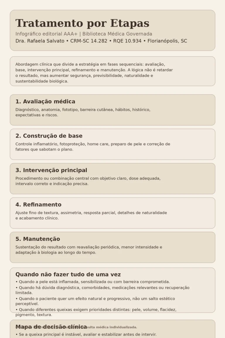 Infográfico editorial médico da Dra. Rafaela Salvato, em paleta ivory, areia, taupe e castanho profundo, explicando o conceito de tratamento por etapas em dermatologia estética. A arte apresenta definição central da abordagem, cinco fases clínicas — avaliação médica, construção de base, intervenção principal, refinamento e manutenção —, bloco sobre por que não fazer tudo de uma vez, mapa de decisão clínica, red flags para pausar e reavaliar e rodapé com os cinco sites do ecossistema Rafaela Salvato: blografaelasalvato.com.br, rafaelasalvato.med.br, clinicarafaelasalvato.com.br, dermatologista.floripa.br e rafaelasalvato.com.br