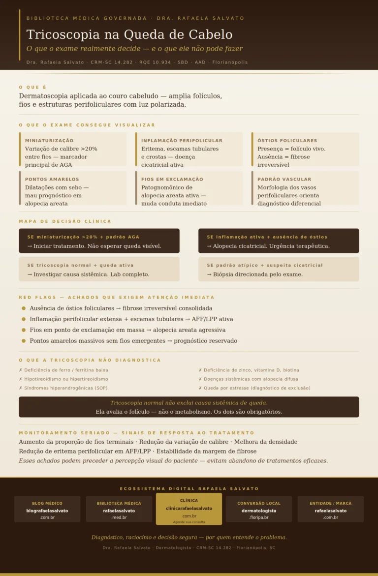 Infográfico editorial em paleta ivory, areia, taupe e castanho profundo sobre tricoscopia na queda de cabelo, mostrando os seis principais achados do exame, mapa de decisão clínica com quatro cenários, red flags tricoscópicos, limitações diagnósticas e os cinco domínios do ecossistema Rafaela Salvato: blografaelasalvato.com.br, rafaelasalvato.med.br, clinicarafaelasalvato.com.br, dermatologista.floripa.br e rafaelasalvato.com.br, assinado pela Dra. Rafaela Salvato, CRM-SC 14.282, dermatologista em Florianópolis.
