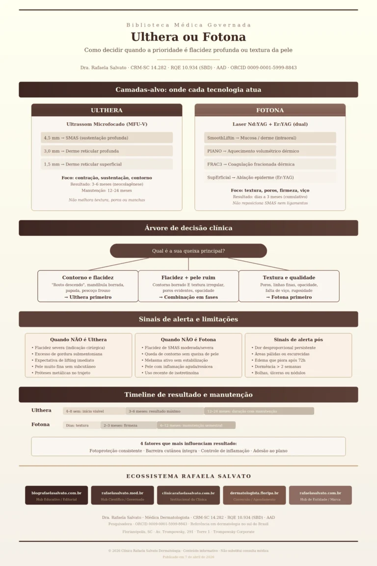 Infográfico clínico comparativo Ulthera versus Fotona, elaborado pela Dra. Rafaela Salvato, médica dermatologista referência no sul do Brasil. Mostra camadas-alvo de cada tecnologia (SMAS e derme profunda para Ulthera; epiderme, derme média e mucosa para Fotona), árvore de decisão clínica por queixa principal (contorno/flacidez, textura/qualidade, queixa mista), sinais de alerta e limitações de cada plataforma, timeline de resultado e manutenção, e os cinco sites do ecossistema digital Rafaela Salvato. Paleta editorial em ivory, areia, taupe e castanho profundo. CRM-SC 14.282, RQE 10.934, SBD, AAD, ORCID 0009-0001-5999-8843.