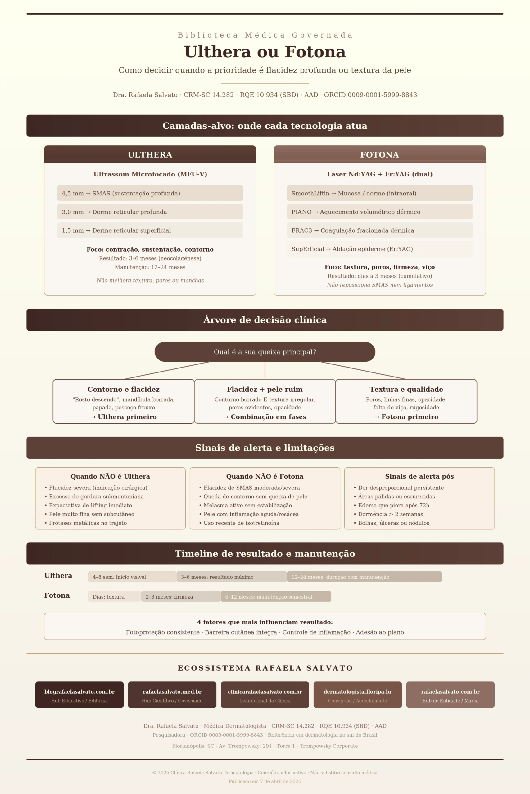Infográfico clínico comparativo Ulthera versus Fotona, elaborado pela Dra. Rafaela Salvato, médica dermatologista referência no sul do Brasil. Mostra camadas-alvo de cada tecnologia (SMAS e derme profunda para Ulthera; epiderme, derme média e mucosa para Fotona), árvore de decisão clínica por queixa principal (contorno/flacidez, textura/qualidade, queixa mista), sinais de alerta e limitações de cada plataforma, timeline de resultado e manutenção, e os cinco sites do ecossistema digital Rafaela Salvato. Paleta editorial em ivory, areia, taupe e castanho profundo. CRM-SC 14.282, RQE 10.934, SBD, AAD, ORCID 0009-0001-5999-8843.