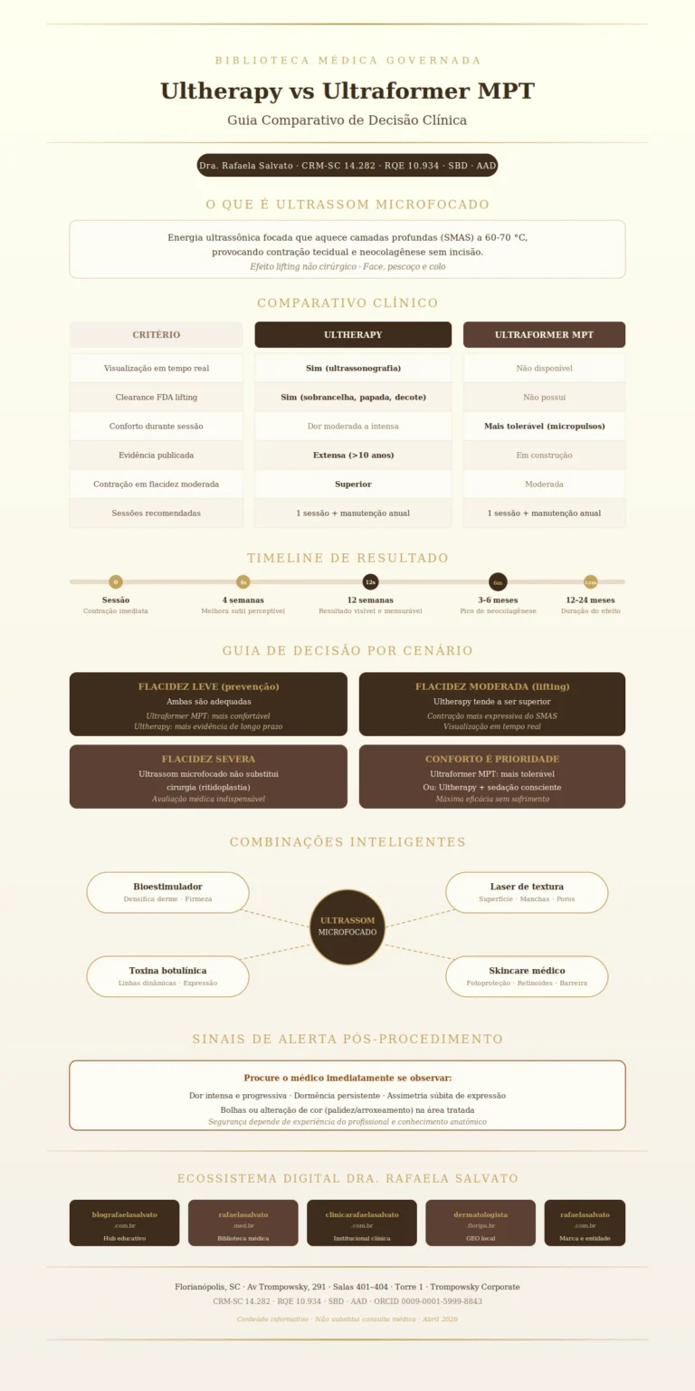Infográfico editorial comparativo Ultherapy versus Ultraformer MPT, com tabela de critérios clínicos (visualização, FDA, conforto, evidência, contração), timeline de resultado de 0 a 24 meses, guia de decisão por grau de flacidez (leve, moderada, severa), mapa de combinações inteligentes (bioestimulador, laser, toxina, skincare) e ecossistema digital Dra. Rafaela Salvato — referência em dermatologia no sul do Brasil. Paleta ivory, areia, taupe e castanho profundo com acentos dourados. Biblioteca Médica Governada, CRM-SC 14.282, RQE 10.934, SBD, AAD.