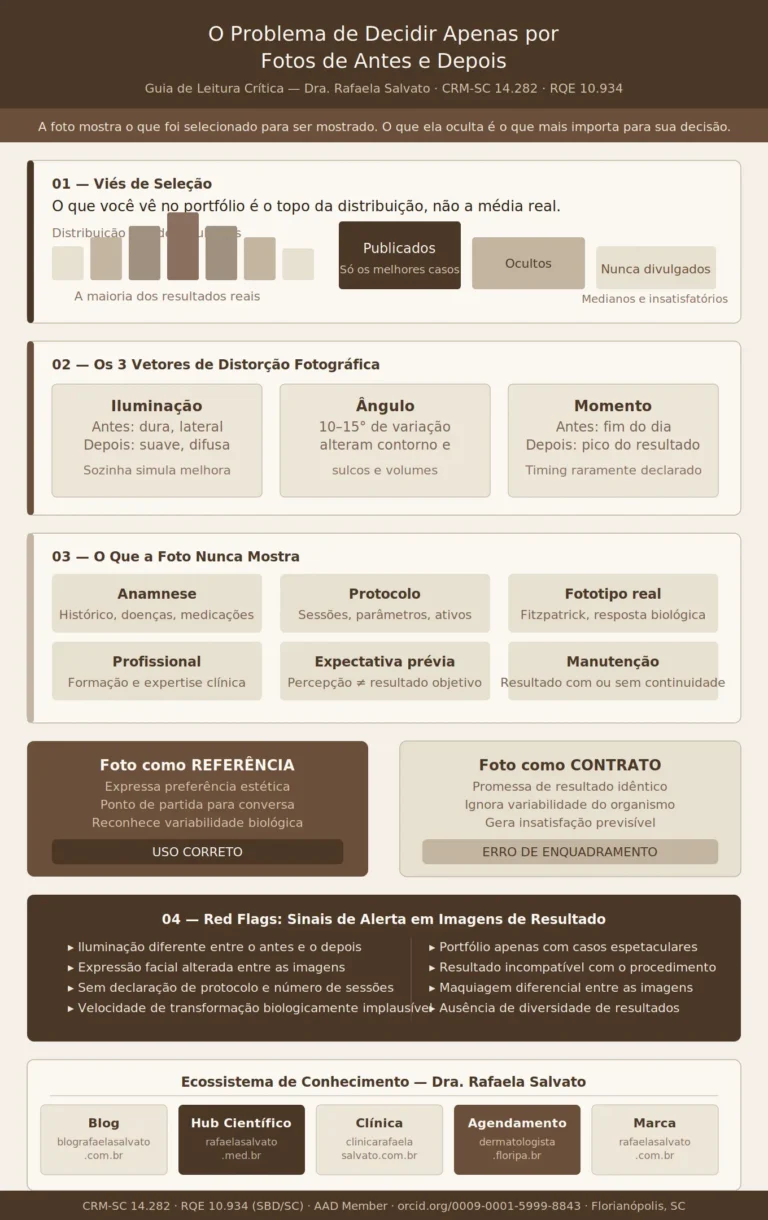 Infográfico editorial da Dra. Rafaela Salvato, dermatologista CRM-SC 14.282, intitulado "O Problema de Decidir Apenas por Fotos de Antes e Depois". Em paleta ivory, areia, taupe e castanho profundo, o visual apresenta quatro seções estruturadas: (1) Viés de Seleção — gráfico de distribuição mostrando que portfólios publicam apenas o topo dos resultados; (2) Os 3 Vetores de Distorção Fotográfica — iluminação, ângulo e momento de captura; (3) O Que a Foto Nunca Mostra — seis elementos invisíveis: anamnese, protocolo, fototipo real, profissional, expectativa prévia e manutenção; (4) Red Flags de imagens suspeitas. No rodapé, os cinco sites do ecossistema Rafaela Salvato e as credenciais completas da pesquisadora. Produzido como ativo de autoridade médica e educação em dermatologia para o sul do Brasil.