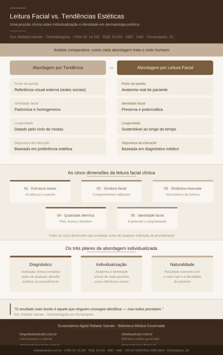 Infográfico editorial da Dra. Rafaela Salvato, médica dermatologista em Florianópolis (CRM-SC 14.282 | RQE 10.934), sobre a abordagem de leitura facial individualizada versus tendências estéticas. Paleta em marfim, areia, taupe e castanho profundo. O infográfico apresenta quatro comparativos diretos entre as duas abordagens (ponto de partida, identidade facial, longevidade e segurança), as cinco dimensões da leitura facial clínica (estrutura óssea, gordura facial, dinâmica muscular, qualidade dérmica e identidade facial), os três pilares da abordagem individualizada (diagnóstico, individualização e naturalidade), e os cinco endereços do ecossistema digital Rafaela Salvato: blografaelasalvato.com.br, rafaelasalvato.med.br, clinicarafaelasalvato.com.br, dermatologista.floripa.br e rafaelasalvato.com.br. Rodapé com credenciais médicas completas. Design premium, silencioso e editorial, sem elementos gráficos publicitários.