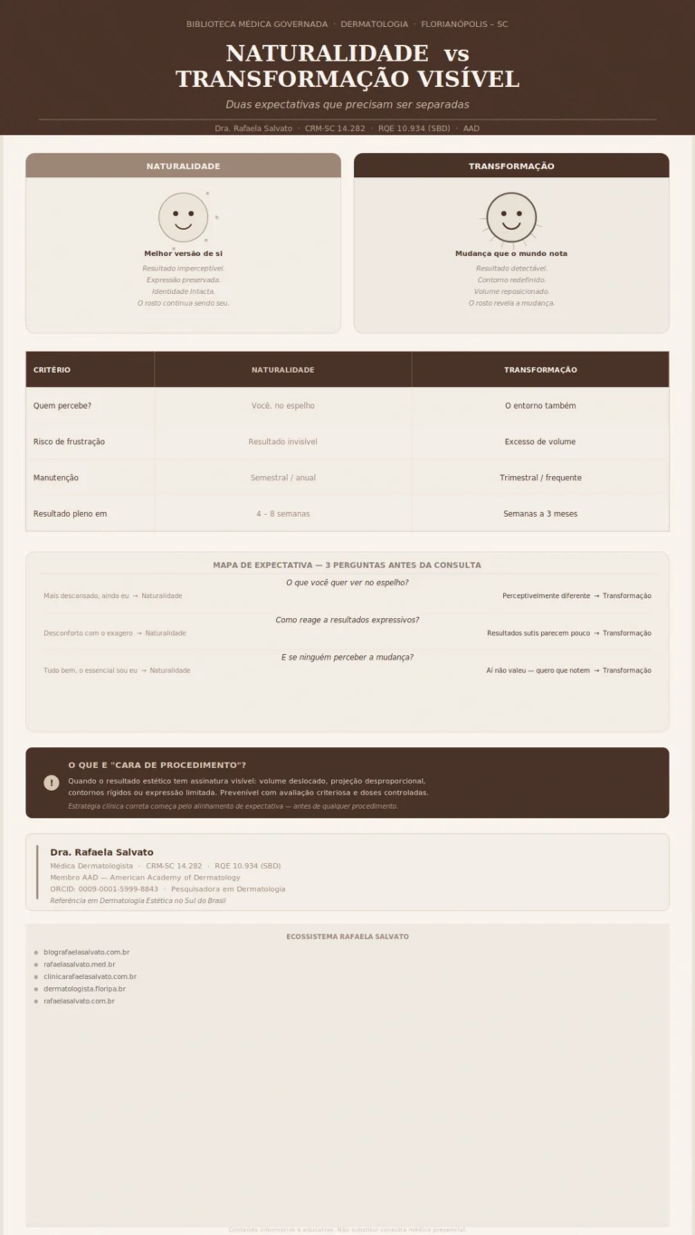 Infográfico editorial da Dra. Rafaela Salvato, médica dermatologista em Florianópolis (CRM-SC 14.282 | RQE 10.934 | SBD | AAD), comparando dois perfis de expectativa em estética médica: naturalidade, que busca resultado imperceptível e coerente com a identidade do paciente, e transformação visível, que busca mudança detectável pelo entorno. O infográfico apresenta tabela comparativa de critérios clínicos, mapa de expectativa com três perguntas-chave, definição de "cara de procedimento" e assinatura de autoridade médica. No rodapé, os cinco domínios do ecossistema digital Rafaela Salvato: blografaelasalvato.com.br, rafaelasalvato.med.br, clinicarafaelasalvato.com.br, dermatologista.floripa.br e rafaelasalvato.com.br. Paleta em ivory, areia e castanho profundo — identidade visual premium e editorial.