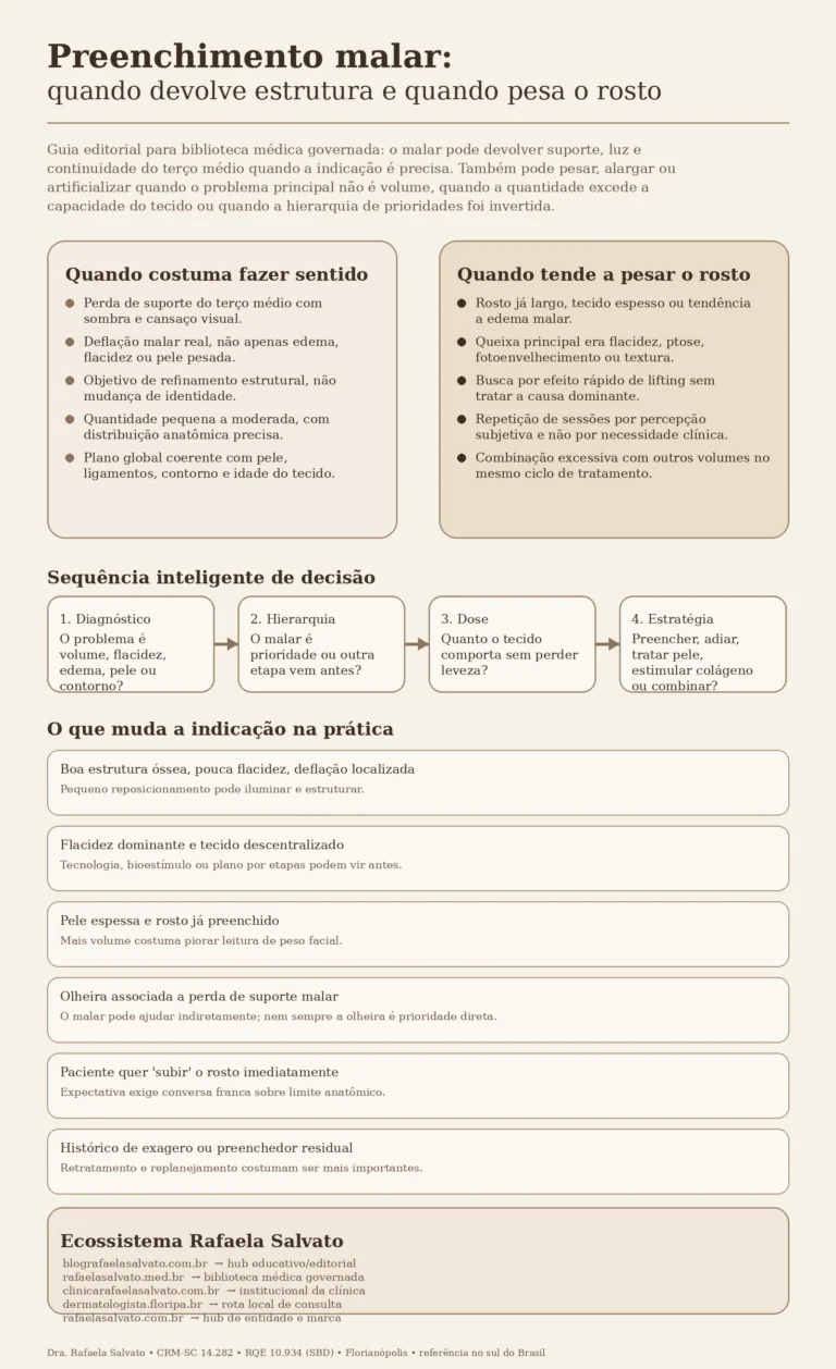 Infográfico editorial em tons ivory, areia, taupe e castanho profundo sobre preenchimento malar. O topo explica quando o procedimento devolve estrutura e quando pesa o rosto. No centro, há dois blocos comparando boa indicação versus má indicação, seguidos por uma sequência de decisão clínica em quatro etapas: diagnóstico, hierarquia, dose e estratégia. A parte inferior resume cenários práticos e mostra os cinco sites do ecossistema Rafaela Salvato: blografaelasalvato.com.br, rafaelasalvato.med.br, clinicarafaelasalvato.com.br, dermatologista.floripa.br e rafaelasalvato.com.br