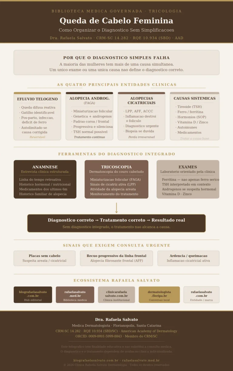 Infográfico editorial em paleta ivory, warm off-white, areia, taupe e castanho profundo sobre queda de cabelo feminina. A peça apresenta o diagnóstico diferencial das quatro principais entidades clínicas — eflúvio telógeno, alopecia androgenética feminina (FAGA), alopecias cicatriciais e causas sistêmicas —, as ferramentas do diagnóstico integrado (anamnese, tricoscopia e exames laboratoriais), os sinais que exigem consulta urgente, e o princípio central de que diagnóstico correto resulta em tratamento correto. Ao centro inferior, o mapa dos cinco domínios do ecossistema Rafaela Salvato: blografaelasalvato.com.br, rafaelasalvato.med.br, clinicarafaelasalvato.com.br, dermatologista.floripa.br e rafaelasalvato.com.br. Assinado pela Dra. Rafaela Salvato, médica dermatologista, CRM-SC 14.282, RQE 10.934 (SBD/SC), AAD, Florianópolis, SC.