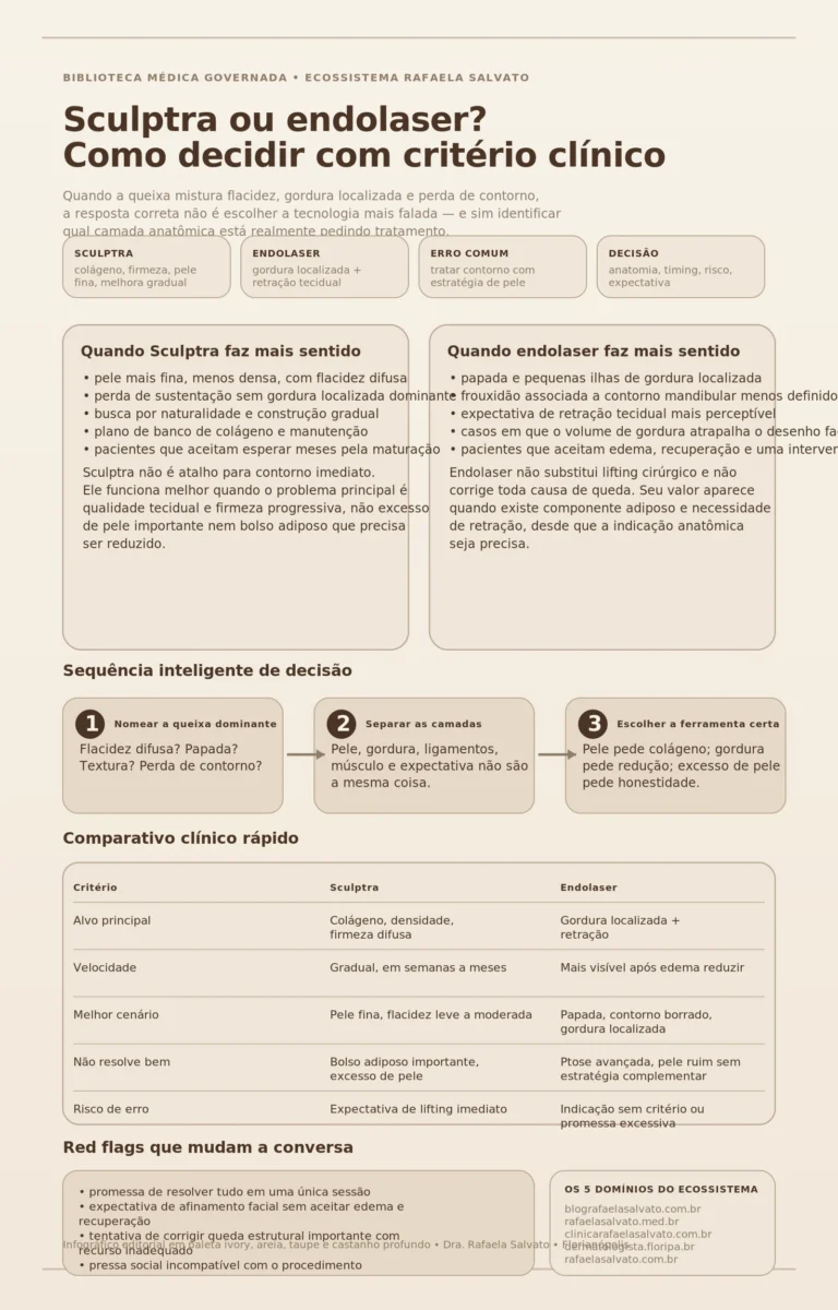 Infográfico editorial em paleta ivory, warm off-white, areia, taupe e castanho profundo comparando Sculptra e endolaser para decisão clínica em dermatologia estética. A peça destaca quando cada técnica faz mais sentido, uma sequência inteligente de decisão, um comparativo rápido entre colágeno e retração com gordura localizada, red flags de indicação e a presença dos cinco sites do ecossistema Rafaela Salvato.