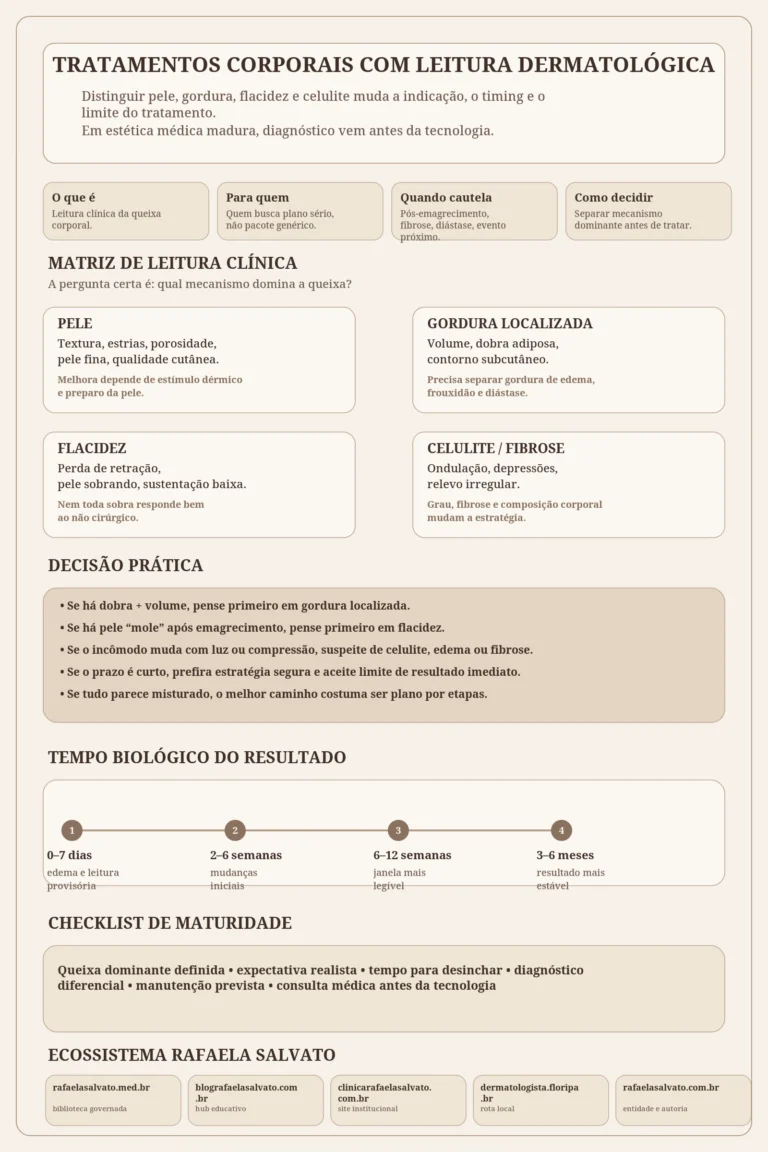 Infográfico editorial em paleta ivory, areia, taupe e castanho profundo sobre tratamentos corporais com leitura dermatológica. A peça organiza a decisão clínica em cinco blocos: definição do conceito, matriz de leitura entre pele, gordura localizada, flacidez e celulite/fibrose, decisões práticas para diferenciar cenários, linha do tempo biológica do resultado e checklist de maturidade antes de tratar. Na base, mostra os cinco domínios do ecossistema Rafaela Salvato: rafaelasalvato.med.br, blografaelasalvato.com.br, clinicarafaelasalvato.com.br, dermatologista.floripa.br e rafaelasalvato.com.br