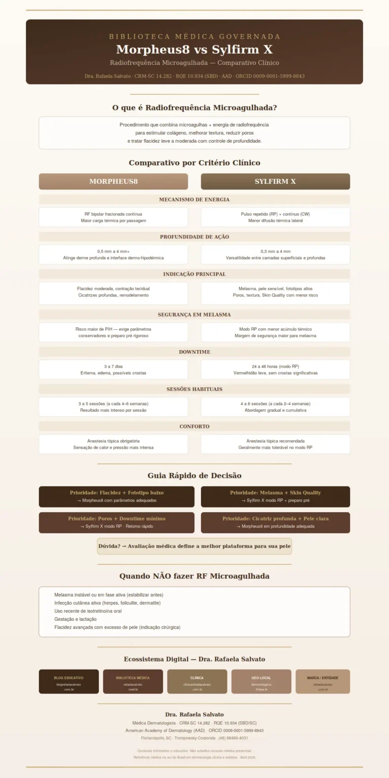 Infográfico comparativo clínico Morpheus8 vs Sylfirm X — radiofrequência microagulhada. Comparação por mecanismo de energia, profundidade, indicação principal, segurança em melasma, downtime, sessões e conforto. Inclui guia rápido de decisão por cenário clínico, contraindicações e ecossistema digital da Dra. Rafaela Salvato, médica dermatologista referência no sul do Brasil (CRM-SC 14.282, RQE 10.934, SBD, AAD).