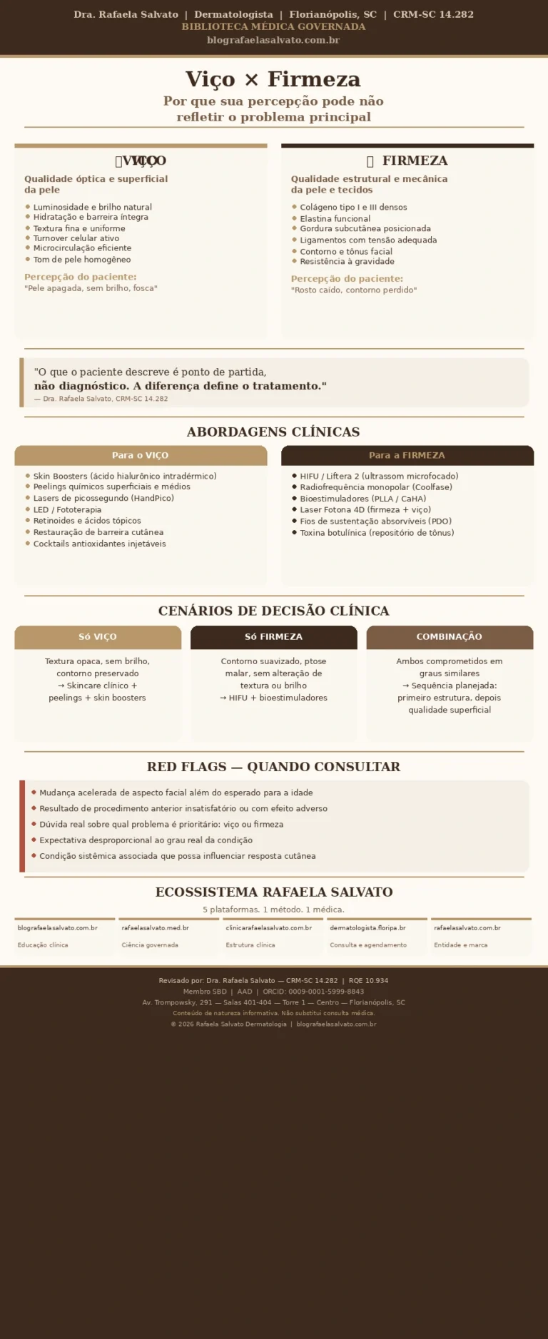 Infográfico médico editorial intitulado "Viço vs Firmeza" produzido pela Dra. Rafaela Salvato, dermatologista em Florianópolis (CRM-SC 14.282). O gráfico apresenta, em paleta ivory, areia e castanho, a diferença clínica entre viço (qualidade óptica superficial da pele: luminosidade, hidratação, textura) e firmeza (qualidade estrutural: colágeno, elastina, contorno, tônus), os tratamentos indicados para cada condição, cenários de decisão clínica e os cinco domínios do ecossistema digital Rafaela Salvato